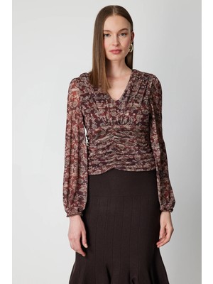 On Triko V Yaka Desenli Şifon Bluz 62302