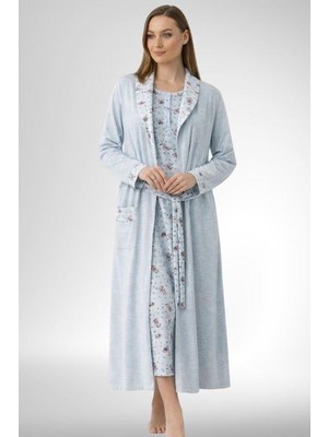 Mecit Pijama Mecit 6312 Mavi Kadın Büyük Beden Sabahlıklı Gecelik Takım