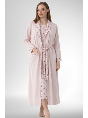 Mecit Pijama Mecit 6312 Pudra Kadın Büyük Beden Sabahlıklı Gecelik Takım
