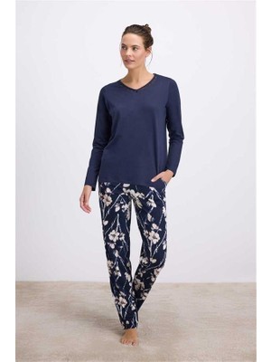 Aesco Çiçek Desenli Uzun Kollu T-Shirt ve Pantolon Pijama Takımı