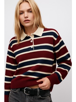 Şık Çizgili Polo Yaka Düğmeli Kadın Triko