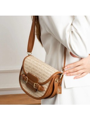 Özüm Takı Çanta Kadın Hasır Desenli Taba Omuz Kol ve El Çantası