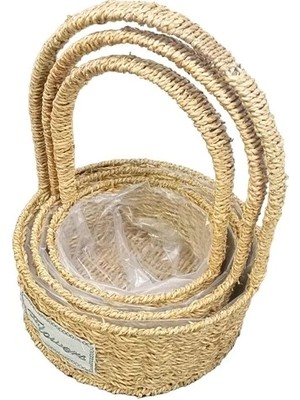 Aspata Store Buğz Yuvarlak Doğal Hasır Sepet Seti - 3'lü