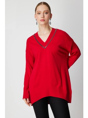 On Triko V Yaka Taşlı Triko Kazak 65311