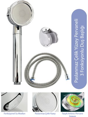 Ahlez Tazyikli Pervaneli Krom 3 Fonksiyonlu Mafsallı Duş Takımı Seti