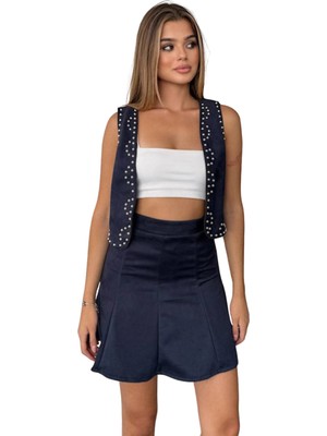 Kechi Woman Kechı Woman Süet Kumaş Diz Üstü Lacivert Renk Mini Etek