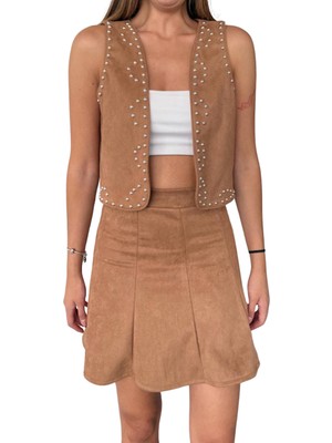 Kechi Woman Süet Kumaş Diz Üstü Camel Renk Mini Etek