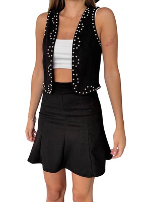 Kechi Woman Süet Kumaş Diz Üstü Siyah Renk Mini Etek