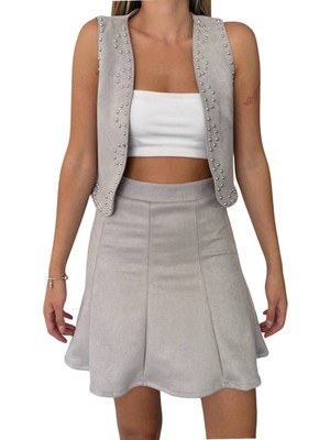 Kechi Woman Süet Kumaş Diz Üstü Gri Renk Mini Etek