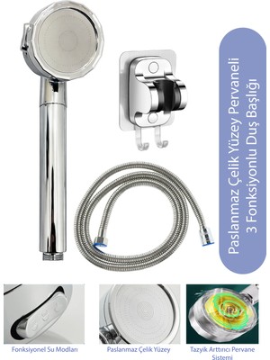 Ahlez Tazyikli Pervaneli 3 Fonksiyon Başlık Yapışkan Mafsallı Duş Takımı Seti