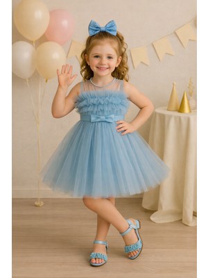 Treemass Abiye Kız Çocuk Elbisesi Tüllü Saten Incili Düğün ve Doğum Günü