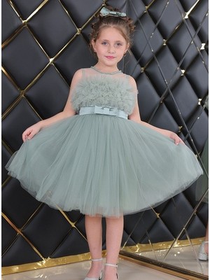 Treemass Abiye Kız Çocuk Elbisesi Tüllü Saten Incili Düğün ve Doğum Günü