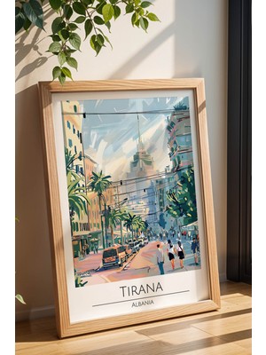 Arnavutluk Tiran Temalı Çerçeveli Tablo Travel Serisi Modern Illüstrasyon Şehir Duvar Dekoru