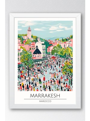 Fas Marrakesh Temalı Çerçeveli Tablo Travel Serisi Modern Illüstrasyon Şehir Duvar Dekoru