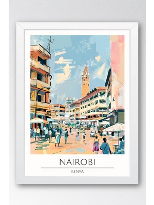 Kenya Nairobi Temalı Çerçeveli Tablo Travel Serisi Modern Illüstrasyon Şehir Duvar Dekoru
