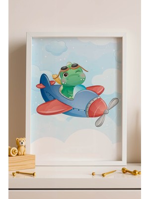 Sevimli Yeşil Dinozor Pilot Çerçeveli Tablo - Çocuk ve Bebek Odası Duvar Dekoru