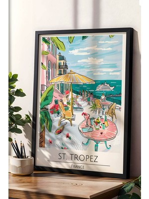 Fransa St. Tropez Temalı Çerçeveli Tablo Travel Serisi Modern Illüstrasyon Sahil Duvar Dekoru