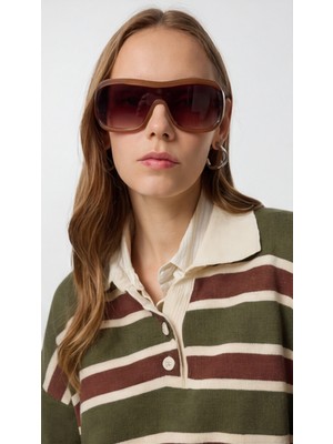 Kadın Çizgili Polo Yaka Triko Kazak – Düğmeli, Oversize Rahat Kesim, Trend Günlük Stil