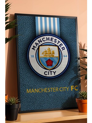 Manchester City Logolu Premium Tasarım Çerçeveli Tablo - Ingiltere Şampiyonu Futbol Duvar Dekoru