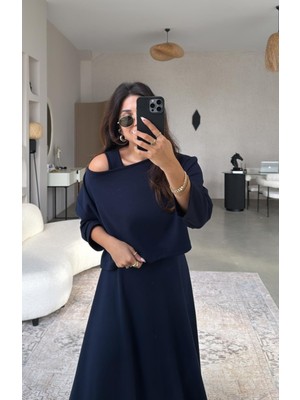 Mars Lacivert Ithal Modal Kumaş Crop Bluz Elbise Ikili Takım