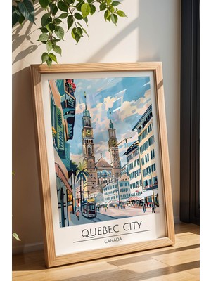 Kanada Quebec City Temalı Çerçeveli Tablo Travel Serisi Modern Illüstrasyon Şehir Duvar Dekoru