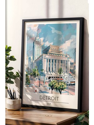 Abd Detroit Temalı Çerçeveli Tablo Travel Serisi Modern Illüstrasyon Şehir Duvar Dekoru