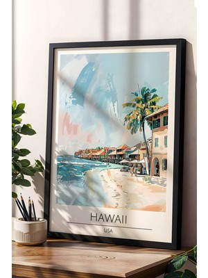 Abd Hawaii Temalı Çerçeveli Tablo Travel Serisi Modern Illüstrasyon Tropikal Duvar Dekoru