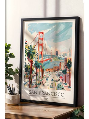Abd San Francisco Temalı Çerçeveli Tablo Travel Serisi Modern Illüstrasyon Şehir Duvar Dekoru