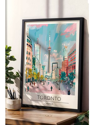 Toronto Kanada Temalı Çerçeveli Tablo Travel Serisi Modern Illüstrasyon Şehir Duvar Dekoru