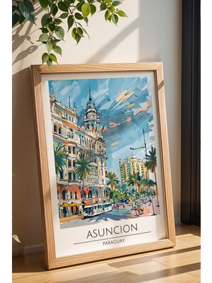 Paraguay Asuncion Temalı Çerçeveli Tablo Travel Serisi Modern Illüstrasyon Şehir Duvar Dekoru
