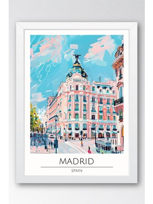 Ispanya Madrid Temalı Çerçeveli Tablo Travel Serisi Modern Illüstrasyon Şehir Duvar Dekoru