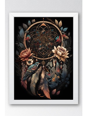 Egzotik Düş Kapanı ve Doğa Temalı Çerçeveli Tablo - Lüks Bohem Mistik Duvar Dekoru Antrasit Siyah