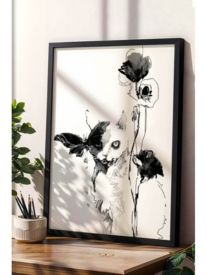 Modern Sanatsal Kedi ve Kelebek Çerçeveli Tablo - Minimalist Monochrome Duvar Dekoru