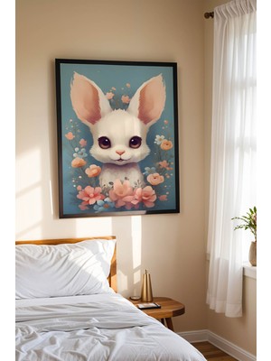 Sevimli Beyaz Tavşan ve Çiçekler Çerçeveli Tablo - Bebek ve Çocuk Odası Modern Duvar Dekoru