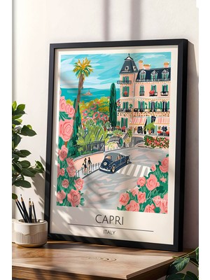 Italya Capri Temalı Çerçeveli Tablo Travel Serisi Modern Illüstrasyon Ada Manzaralı Duvar Dekoru