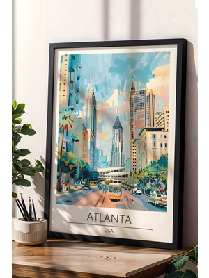 Abd Atlanta Temalı Çerçeveli Tablo Travel Serisi Modern Illüstrasyon Şehir Duvar Dekoru