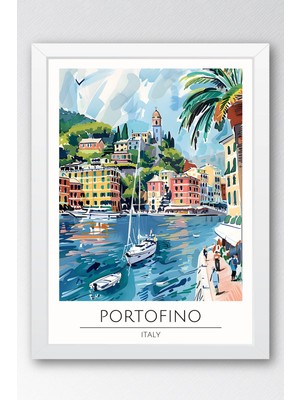 Italya Portofino Temalı Çerçeveli Tablo Travel Serisi Modern Illüstrasyon Duvar Dekoru