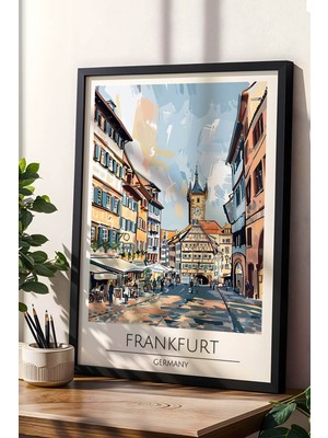 Almanya Frankfurt Temalı Çerçeveli Tablo Travel Serisi Modern Illüstrasyon Duvar Dekoru