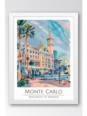 Monako Monte Carlo Temalı Çerçeveli Tablo Travel Serisi Modern Illüstrasyon Şehir Duvar Dekoru