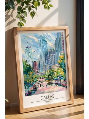 Texas Dallas Temalı Çerçeveli Tablo Travel Serisi Modern Illüstrasyon Şehir Duvar Dekoru