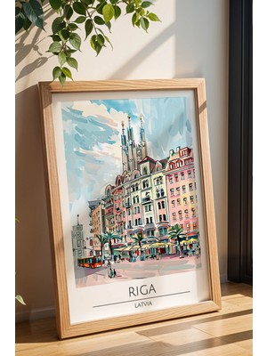Letonya Riga Temalı Çerçeveli Tablo Travel Serisi Modern Illüstrasyon Şehir Duvar Dekoru
