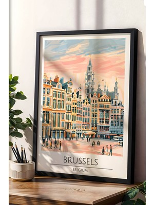 Belçika Brüksel Temalı Çerçeveli Tablo Travel Serisi Modern Illüstrasyon Şehir Duvar Dekoru