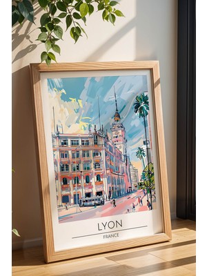 Fransa Lyon Temalı Çerçeveli Tablo Travel Serisi Modern Illüstrasyon Şehir Duvar Dekoru