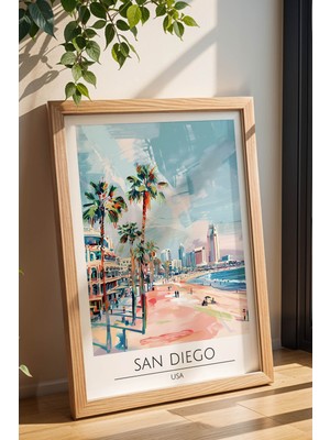 Abd San Diego Temalı Çerçeveli Tablo Travel Serisi Modern Illüstrasyon Sahil Duvar Dekoru