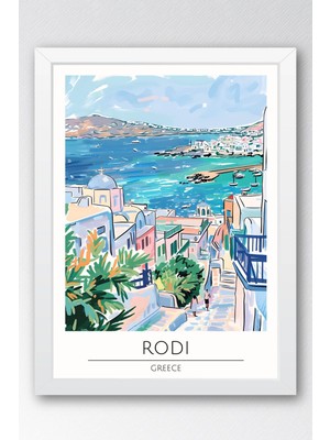 Yunanistan Rodi Temalı Çerçeveli Tablo Travel Serisi Modern Illüstrasyon Ada Duvar Dekoru