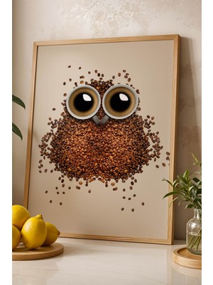 Retro Kahve Çekirdeği Baykuş Tasarım Çerçeveli Tablo - Sanatsal Mutfak ve Kafe Duvar Dekoru
