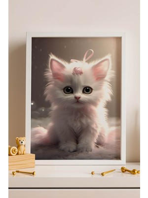 Sevimli Beyaz Yavru Kedi Çerçeveli Tablo - Bebek ve Çocuk Odası Modern Masalsı Duvar Dekoru