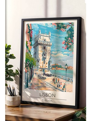Portekiz Lisbon Temalı Çerçeveli Tablo Travel Serisi Modern Illüstrasyon Şehir Duvar Dekoru