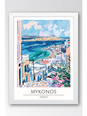 Yunanistan Mykonos Temalı Çerçeveli Tablo Travel Serisi Modern Illüstrasyon Ada Duvar Dekoru
