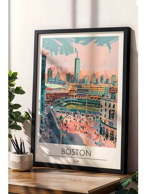 Amerika Boston Şehir Temalı Çerçeveli Tablo Travel Serisi Modern Illüstrasyon Duvar Sanatı